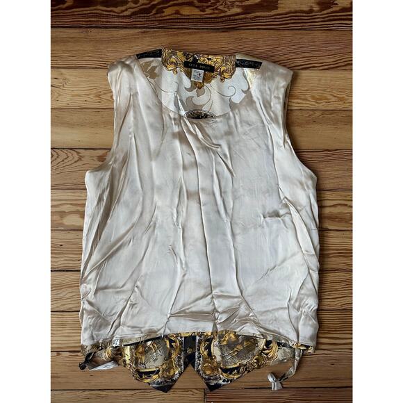 Ceta Dolce Vintage 80s Mens Polo Brocade Silk Metallic Tie Back Button Up Vest L - Picture 10 of 11